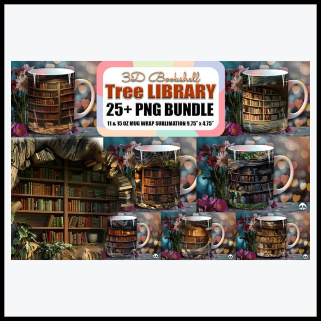 Bundle of 3D Mug Wraps featuring a Bookshelf in a Tree theme